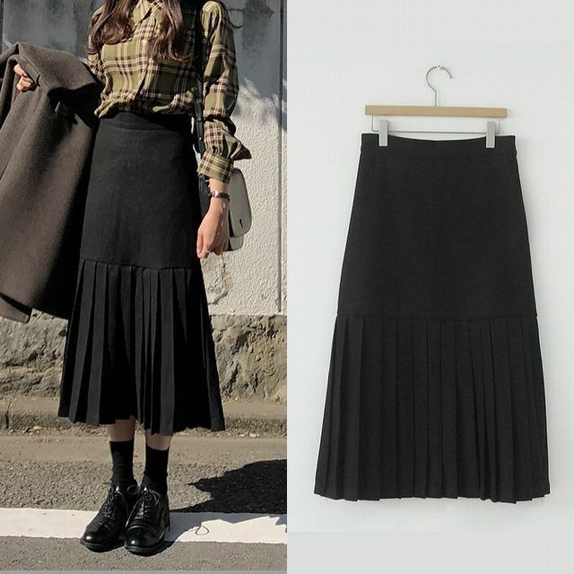 レディース 裾プリーツ ロングスカート ブラック / Chic retro long section pleated high-waisted fishtail skirt (DCT-582318938939)