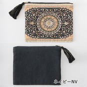 プリント＆ビーズ刺繍 ポーチS 15×10cm 　ネイビー／ナチュラル／グリーン