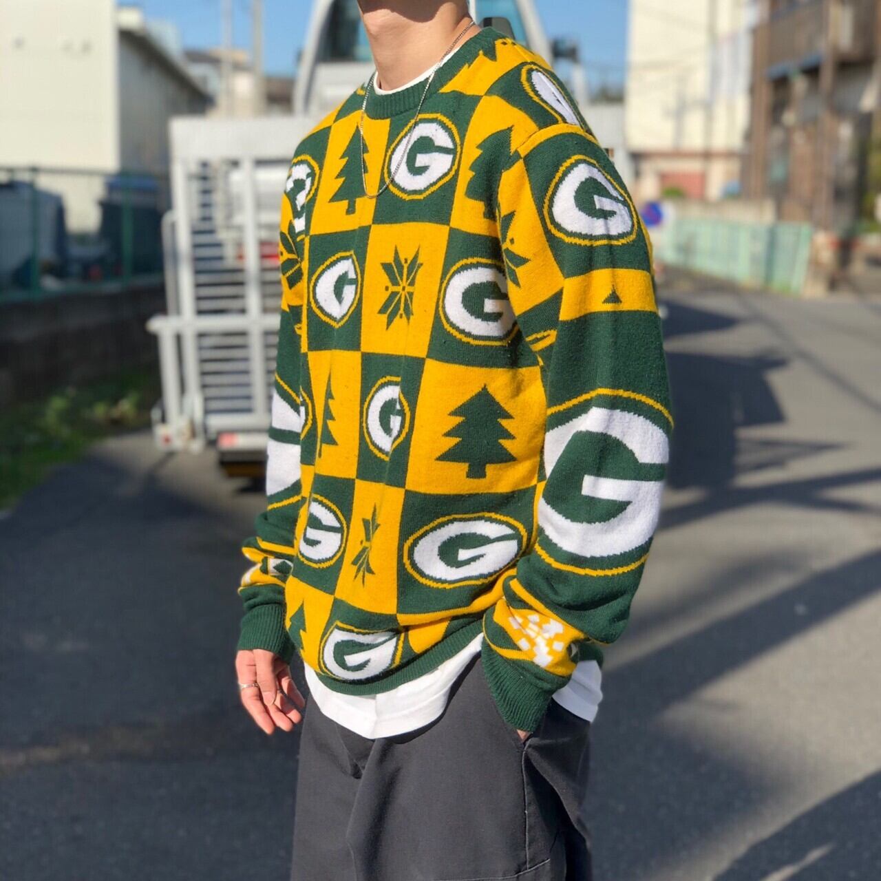 1866.NFL グリーンベイ・パッカーズ 総柄ニット L 古着 古着屋 埼玉