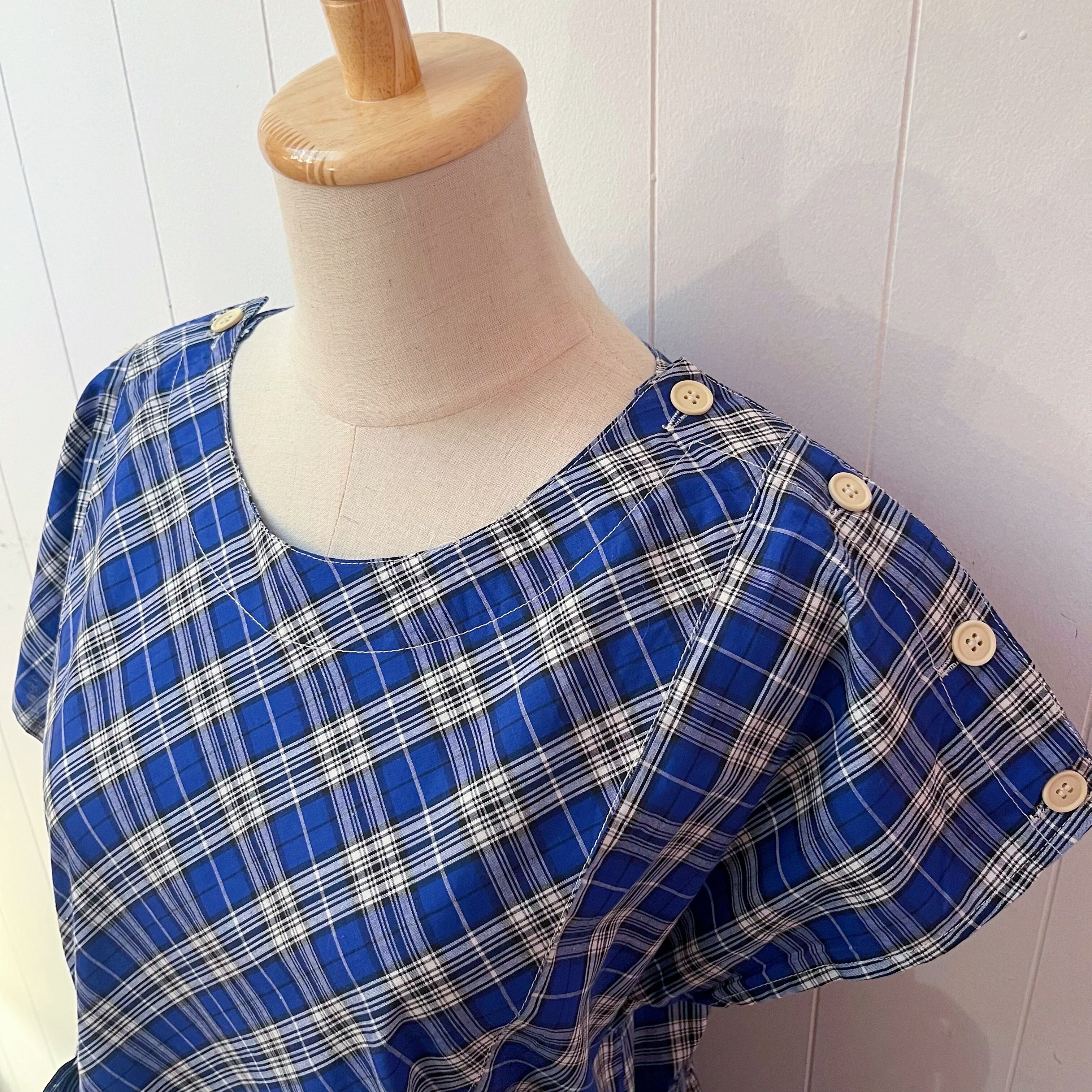 blue white check cotton one-piece