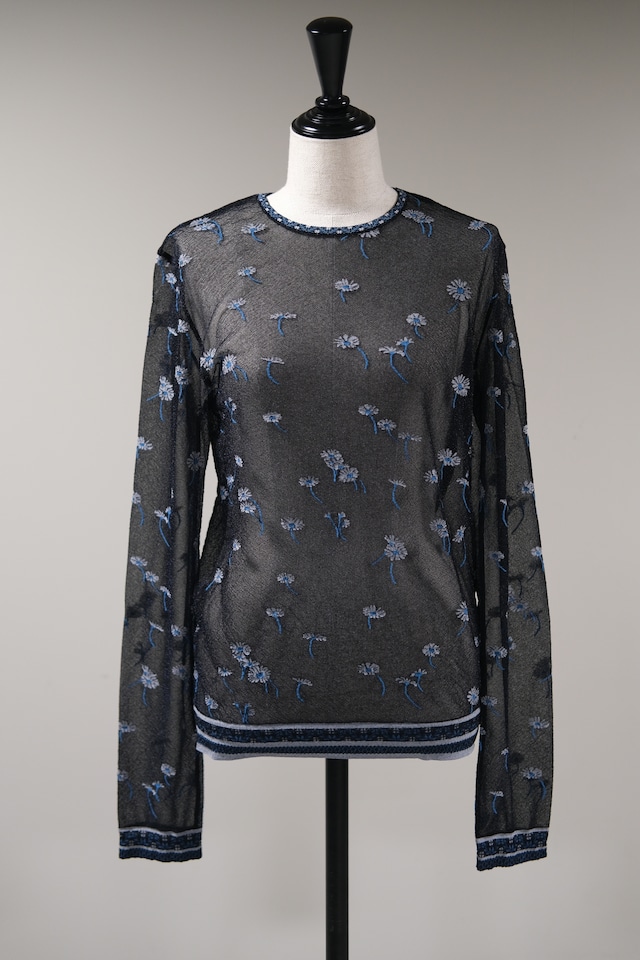 Floral Pattern Long Sleeve Sheer Knit Top - navy