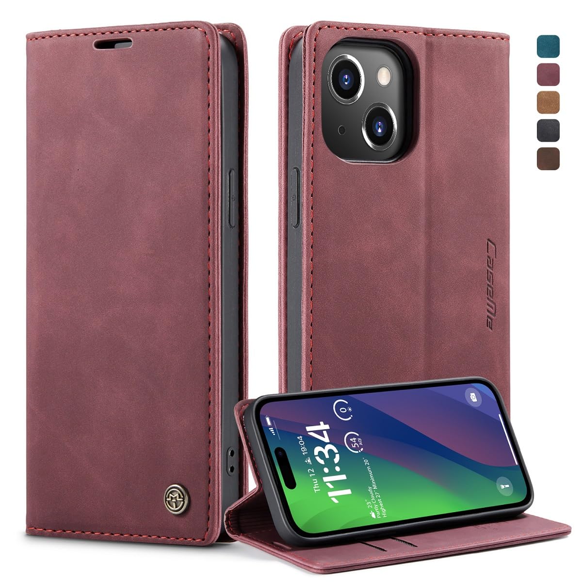 YUZOR for iPhone 16 ケース 手帳型 アイフォン 手帳 スマホケース 手帳型 携帯カバー レザー 耐衝撃 耐摩擦 全面保護 マグネット式 カード収納 スタンド機能 肌感レザー 人気 上質 赤色 (013-16-hong)