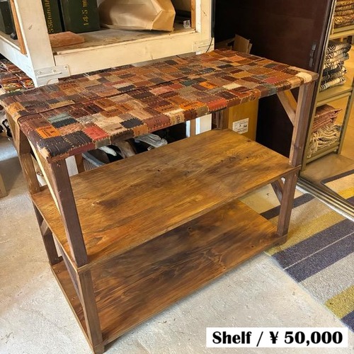 TOPANGA　Furniture　Old Wood＆Leather Patchwork 3-Tier Shelf【店頭受取専用商品】