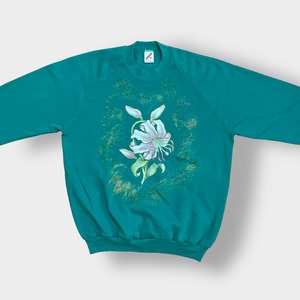 JERZEES 80s USA製 スウェットシャツ トレーナー カワイイ系 ラメ 花 ラグラン エメラルドグリーン SWEATSHIRTS XL ヴィンテージ US古着