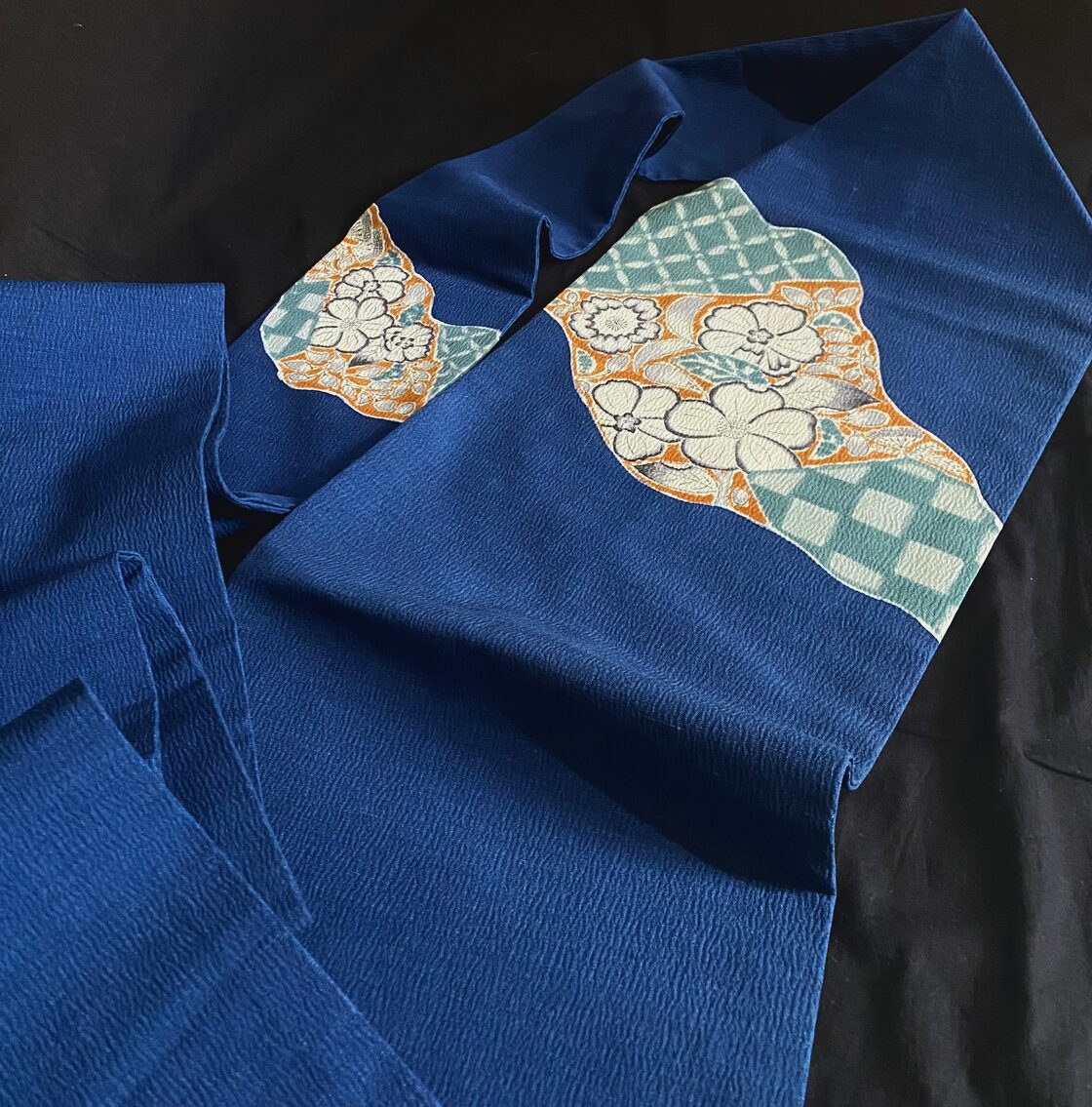 名古屋帯 秀品 道長取 草花 縮緬 藍色 正絹 【中古】（中古】 帯揚げ
