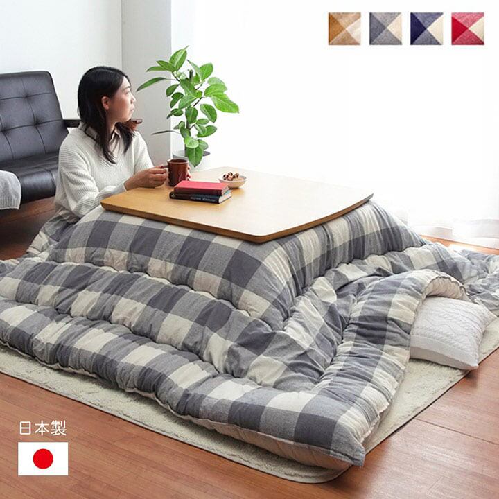 こたつ布団 正方形 インド綿 綿100% チェック柄 ローズ 約205×205cm