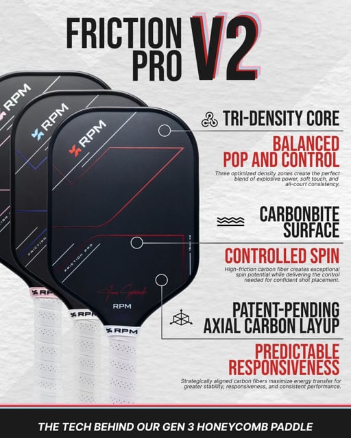 RPM FRICTION PRO 16MM ELONGATED V2 PICKLEBALL PADDLE ピックル
