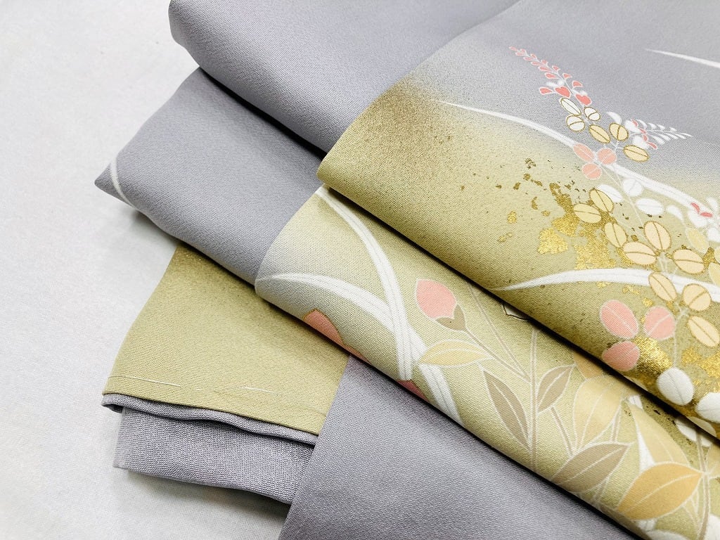 未使用 京友禅 金駒刺繍 本金箔 花柄 訪問着 袷 正絹 グレー 紫 1173