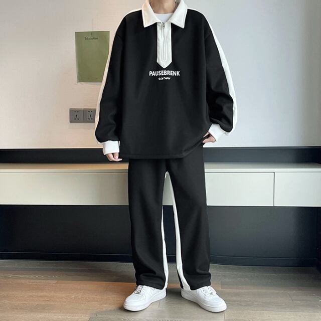 【予約販売】メンズ セットアップ 無地 シンプル バイカラー ジップアップ ブラック/ホワイト スエット カジュアル 部屋着 カジュアル パンツ セット ジャージ ジム スポーティー ダンス ジム 韓国 トレンド 大きいサイズ M/L/XL/2XL/3XL