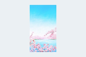 満開の桜と、スワンボートが浮かぶ湖を描いた、待ち受け画像