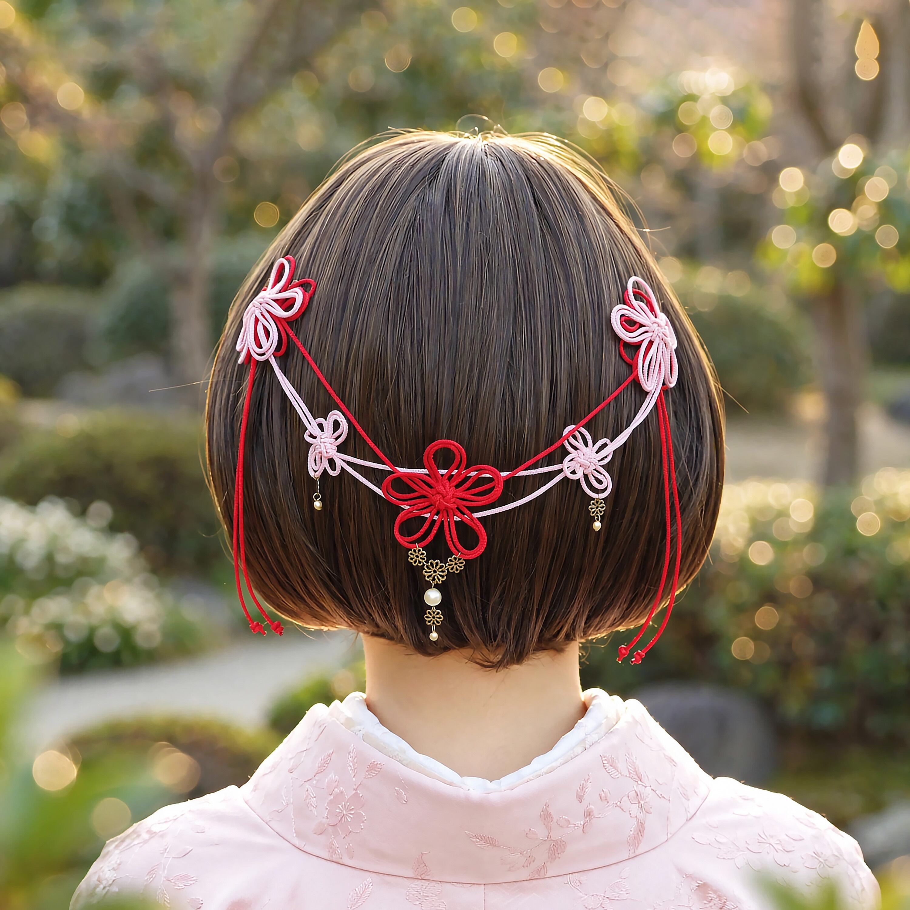 飾り結びヘアコーム「みちゆきて賑」(赤×淡ピンク)【和風バックカチューシャ】浴衣・着物・フォーマルに。