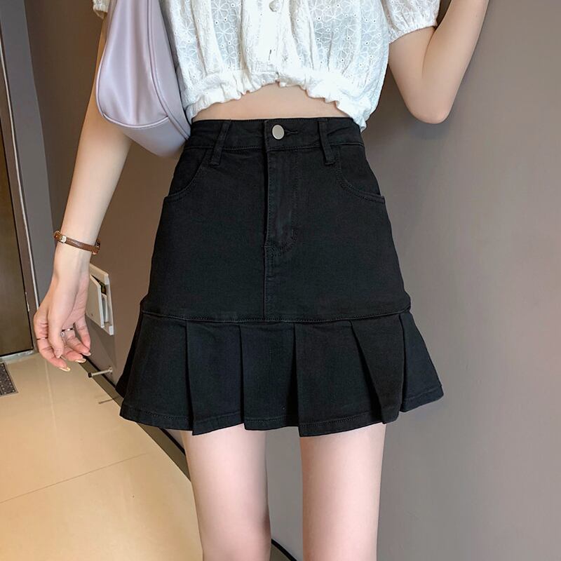 ブラックスカート サマーハイウェストウェストAラインプリーツショート 夏物 試着室63070311747