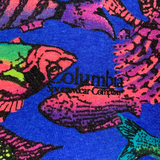 『送料無料』レア　80s Columbia フィッシュ総柄Tシャツ　魚柄　三角タグ　USA製
