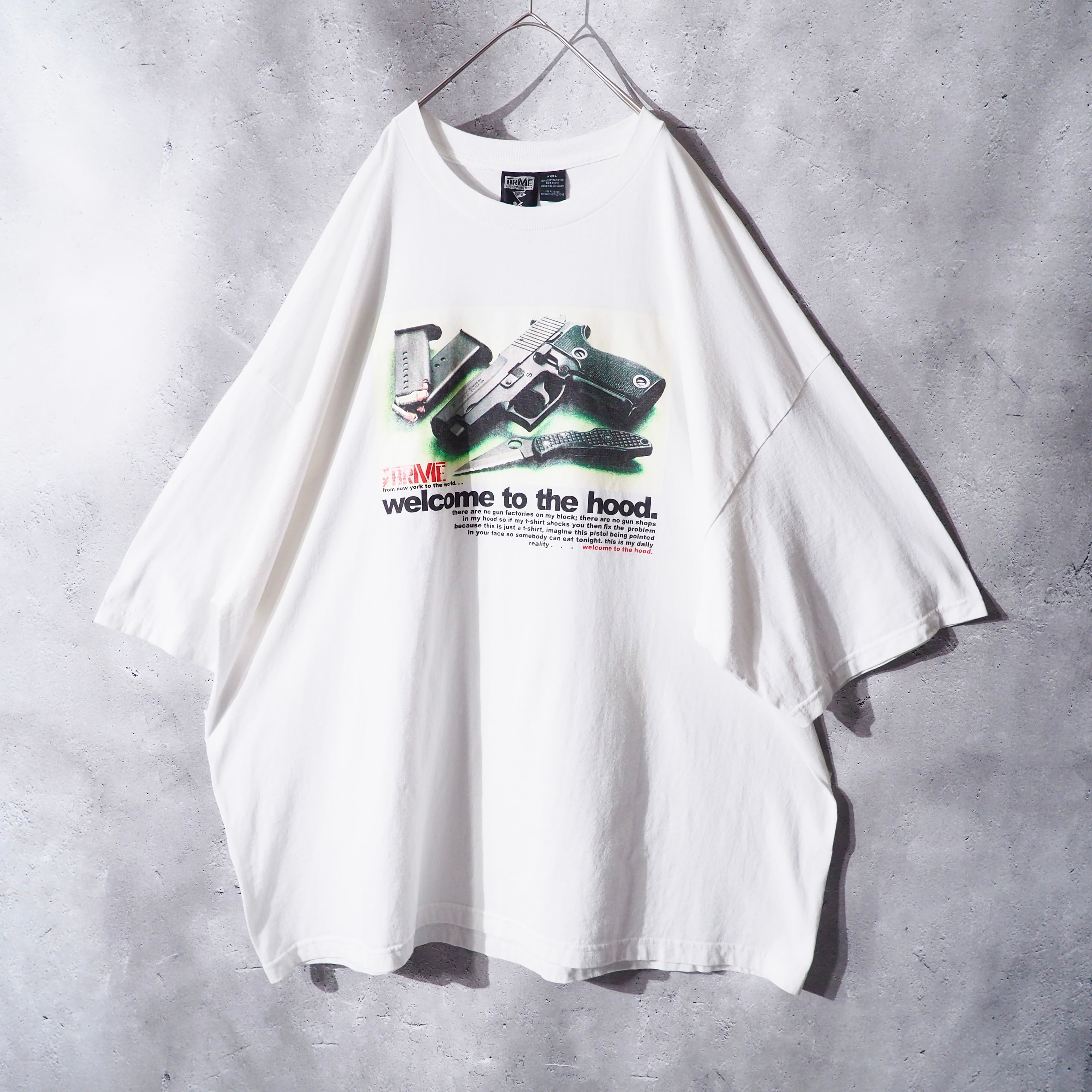 " Welcome to the hood - Gun and Knife " Graphic Printed Vintage Loose SS Tee