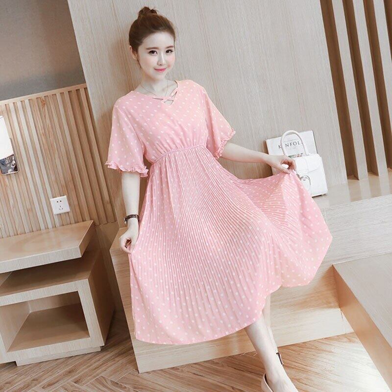 【新作】【送料無料】 プラスサイズのサマーマタニティドレス妊婦ポルカドットプリーツシフォンドレスゆったりとした妊娠服 大きめサイズ 夏物 AL expec322413680811