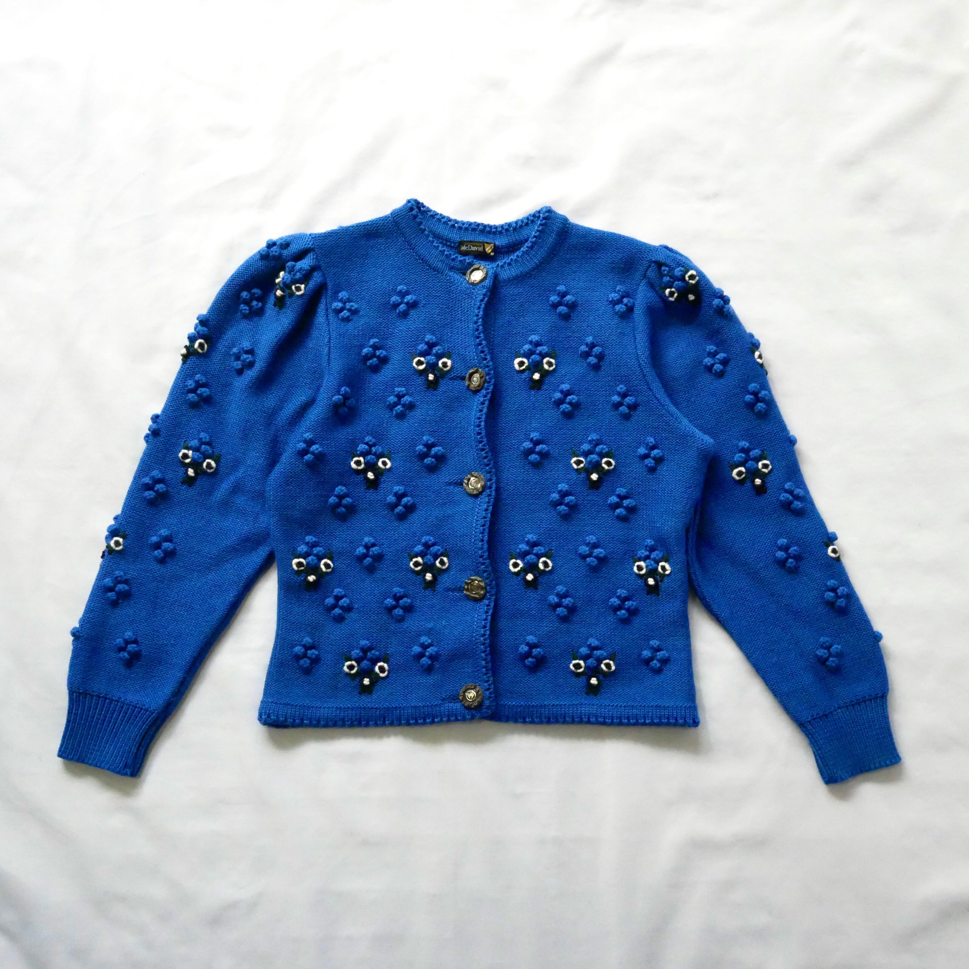 Made in Germany blue floral popcorn knit cardigan ドイツ製 ブルー