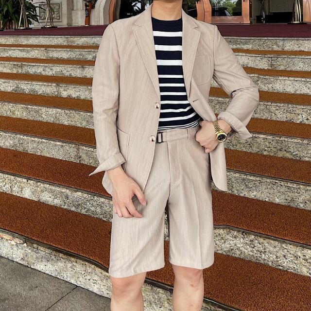 【予約販売】メンズ セットアップ スーツ 無地 長袖 ハーフパンツ カジュアル スリム スタイリッシュ シンプル 韓国 男前 グレー/ベージュ/ブラック ジャケット セット セットアップ ビジネス 通勤 フォーマル パーティ 二次会 同窓会 結婚式 韓国 こなれ感 トレンド 春 夏 大きいサイズ M/L/XL/2XL/3XL