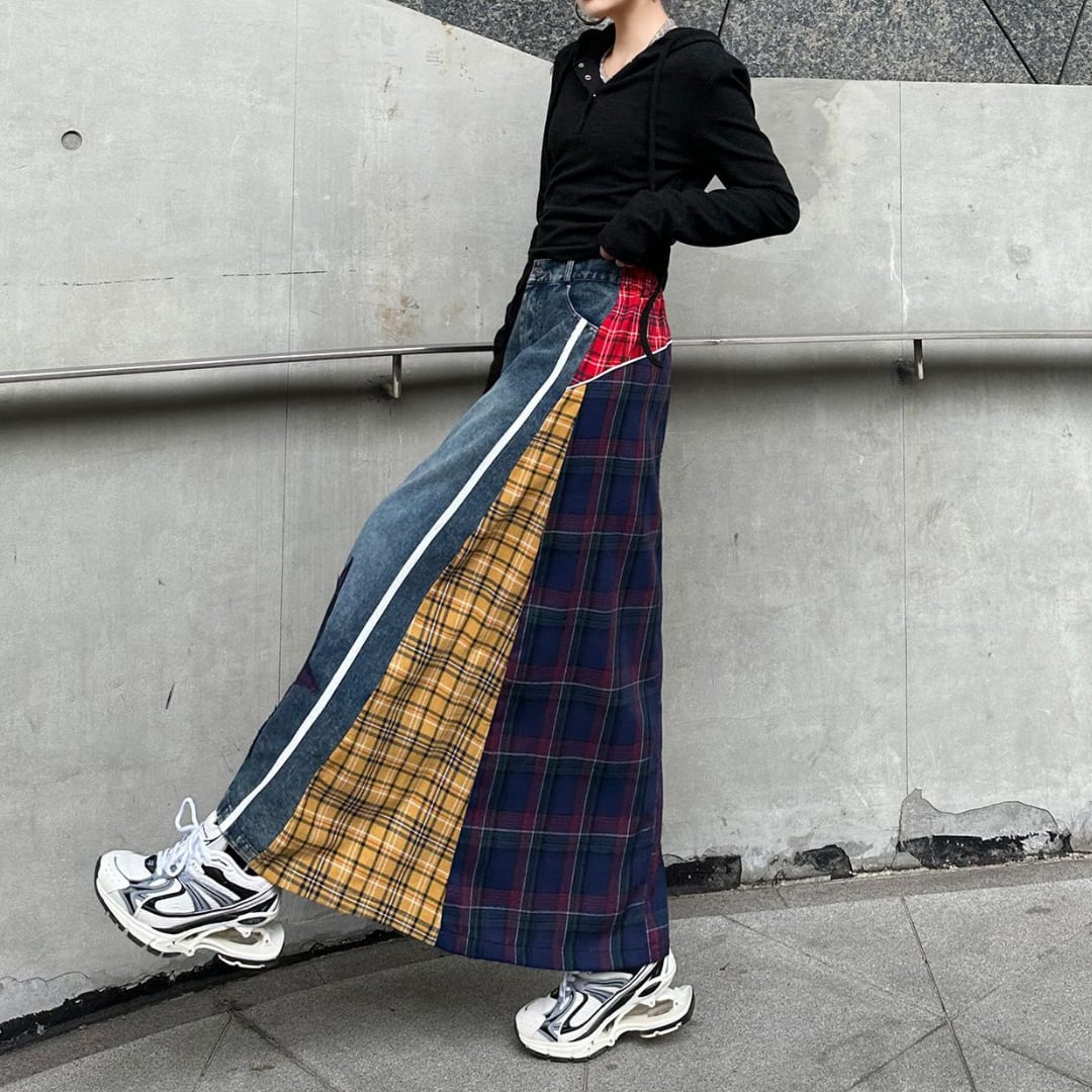VINTAGE COLORBLOCK PLAID DENIM SKIRT 3colors M-11763 VINTAGE COLORBLOCK PLAID DENIM SKIRT 3colors M-11763