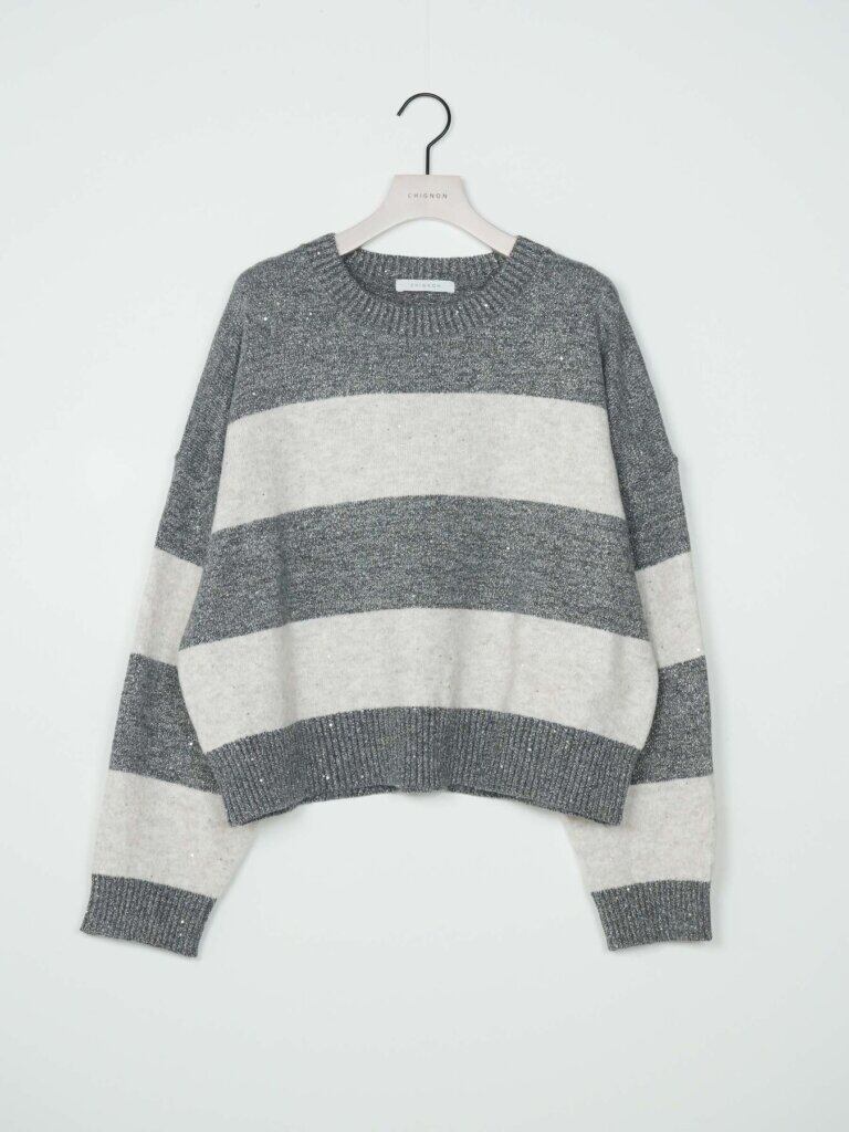 【12/上旬〜中旬入荷次第お届けのご予約】 CHIGNON/シニヨン スパンコールボーダーニットPO 9266-755GS
