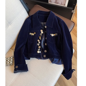 navy jeweled button velvet jacket<o3236>