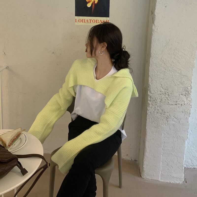 セーター ショートフードコート オータムウィンターイエロースリムトップス 秋物 冬物 ブラックストロベリース9366067758