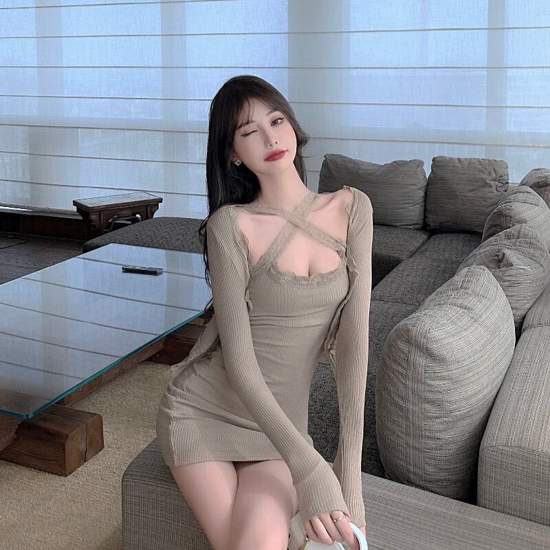 レースニットスリングドレスレディース秋ボトミングスカート2020新気質タイトフィットヒップスカート ブラックストロベリース46156939311