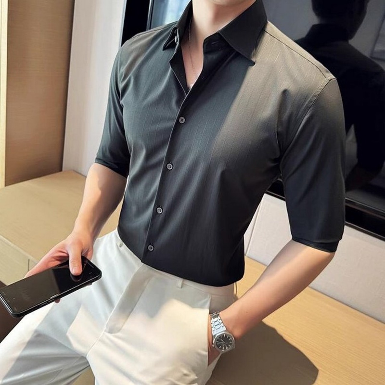 pointed collar 3/4 sleeve shirt 00344