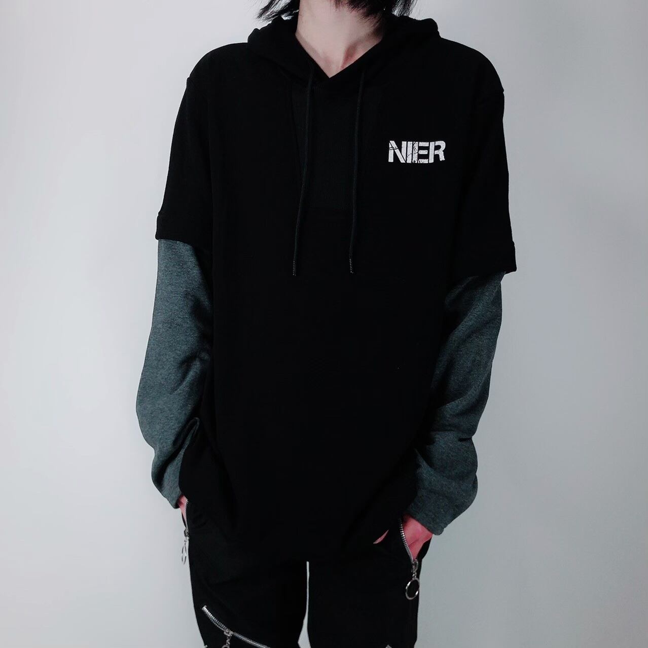 LONG SLEEVE LAYERED HOODIE【GRAY×BLACK】 NIER CLOTHING NieR LONG SLEEVE LAYERED HOODIEl