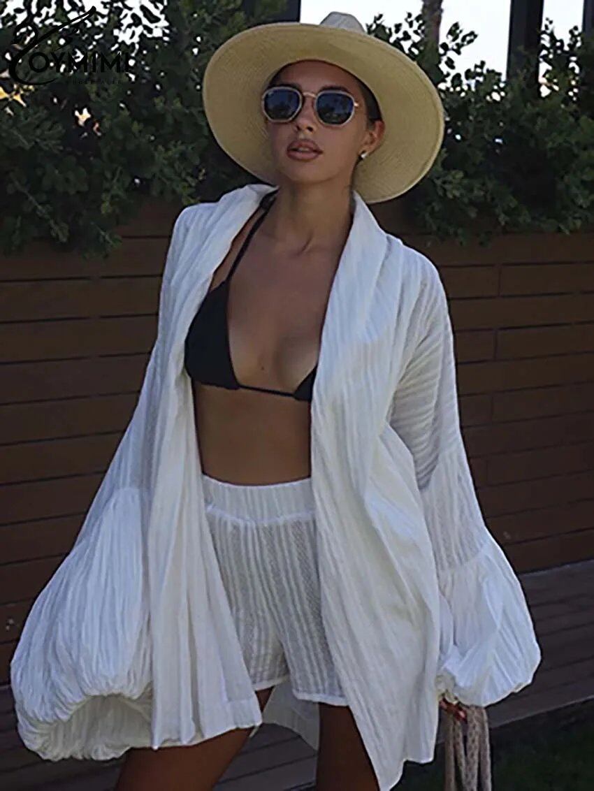 Oymimi-女性用ツーピースコットンセット,ふくらんでいる袖,ゆったりとしたレースのシャツ,ハイウエストのショーツ,白い女性用セット,エレガントなファッション