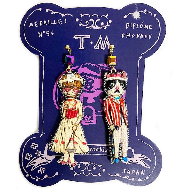 刺繍ピアス/刺繍イヤリング Circus(cat＆elephant)