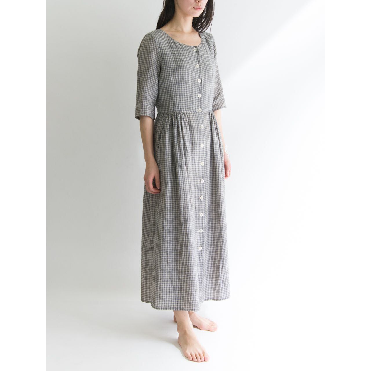 【ASPESI BASIC】Made in Italy 100% linen check long dress（アスペジ イタリア製 チェック柄リネンロングワンピース）2c
