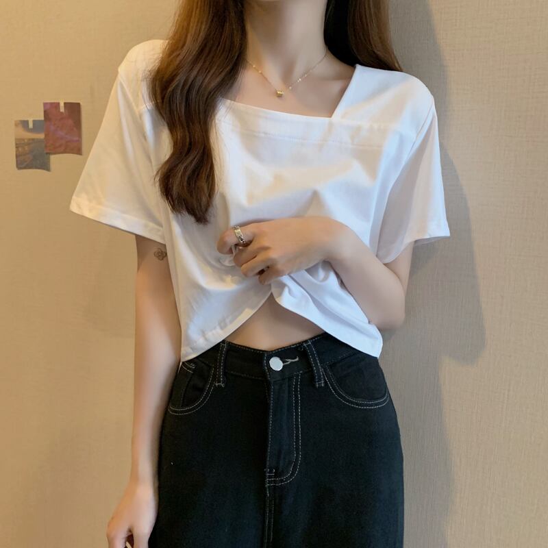 ホワイトショートTシャツ サマーカラーハイウェストウェストトップス 夏物 スクウェア 試着室59576109575