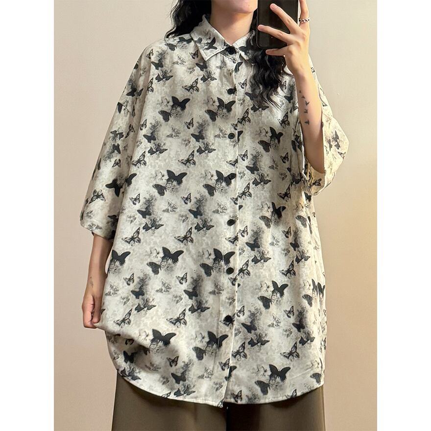 ゴスロリ通販 With U ゴスロリ系 地雷 アメカジ カジュアル 半袖 シャツ 蝶々 プリント柄 ECOKSOLO 春夏服