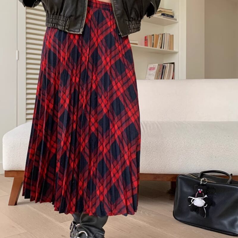 Checkered pleats flare skirt RW0386