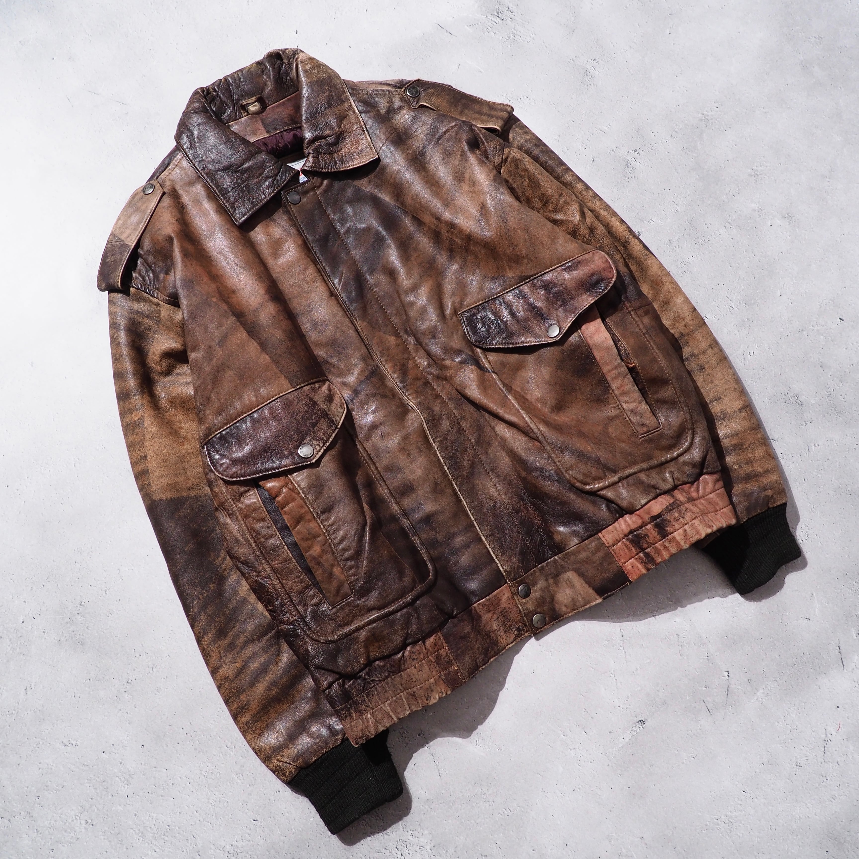 ” Special ” Aging processing Big Pockets vintage leather jacket