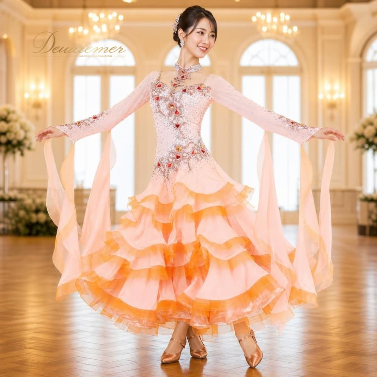 社交ダンス 衣装 ドレス スタンダード ワンピース ピンク系 オレンジ系 ピンク フリル レース デモ 競技 ダンス パーティ 発表会 かわいい レディース 花 華やか