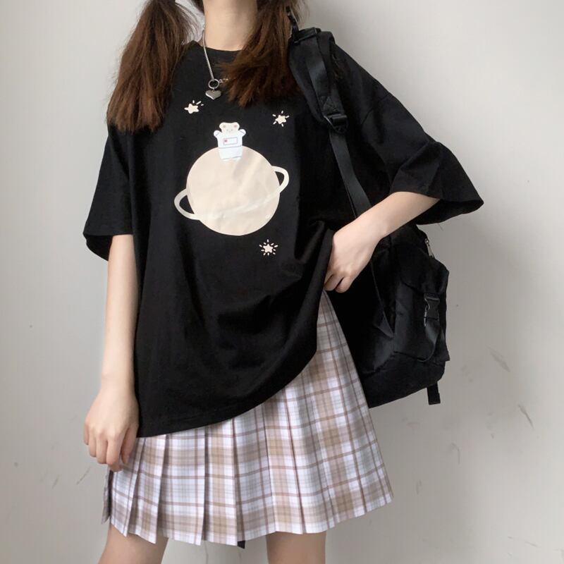 ルーズブラックブラウス プリントTシャツ サマー 大人ガーリー スウィート キュート カジュアル 夏物 萌量不足37505892199