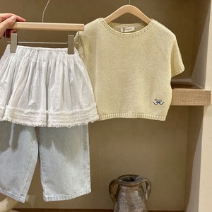 キッズ女の子ニット半袖　ワイドデニムパンツ　ヒップ隠しオーバースカート　かわいい春服　カジュアル