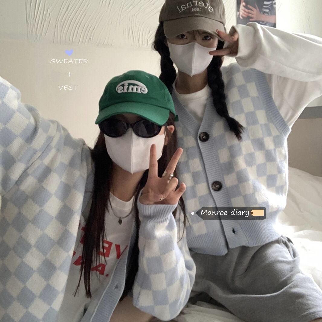 スタイルVネック格子柄ニットカーディガンオータム薄手セーター コート ルーズトップス ロング 秋物 モンロー90066489442