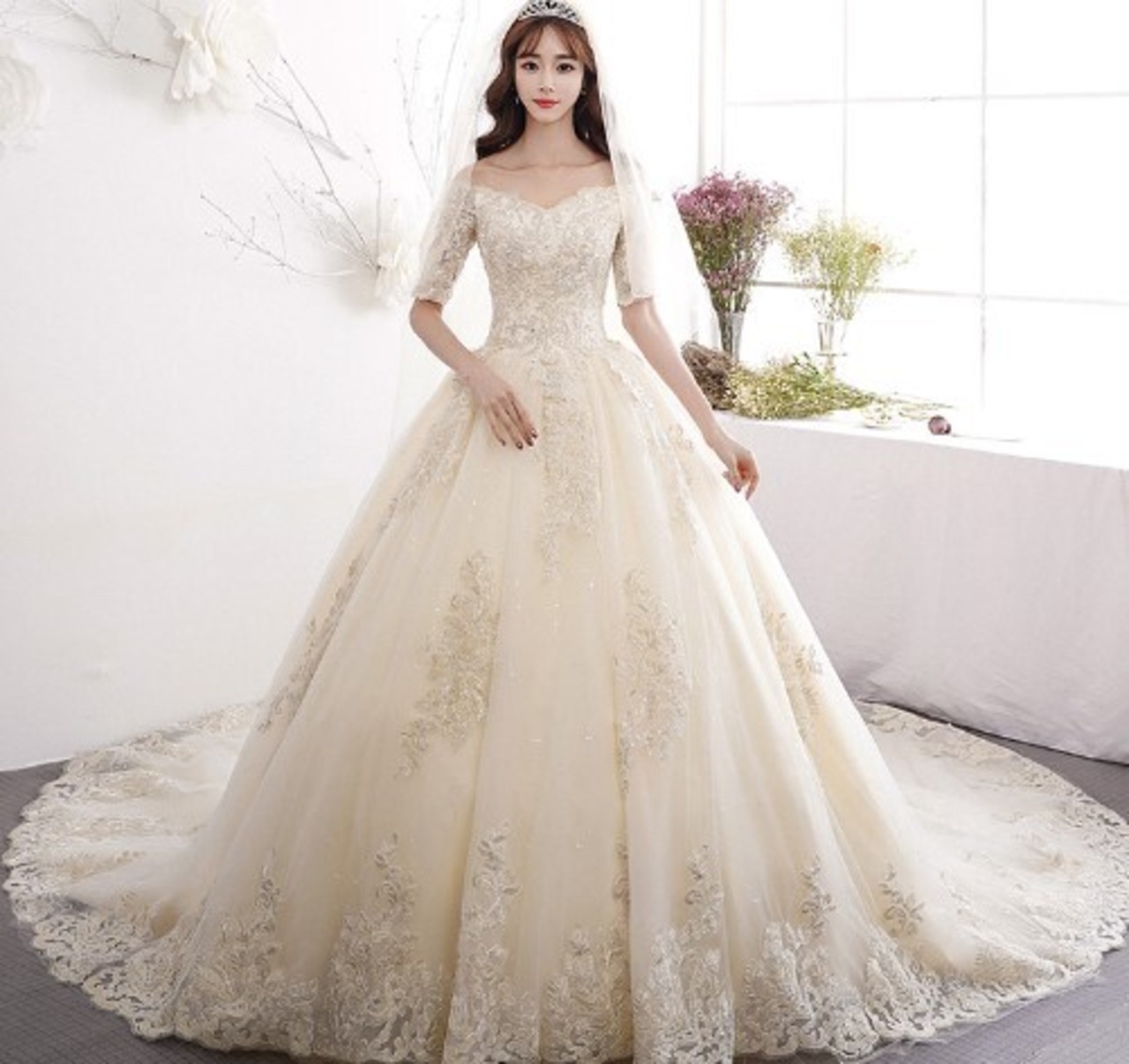 美品！ ウエディングドレス シャンパン色 オフショルダー ロング  