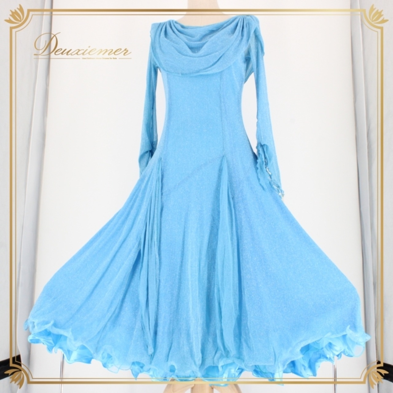 社交ダンス 衣装 スタンダード ドレス ワンピース パーティドレス レディース 水色 prima boutique プリマブティック ブルー系 長袖 ライトブルー 二重スカート ボリューム 優雅 伸縮性 丈約112cm 肩幅約38cm 身幅約41cm ウエスト約34cm ポリエステル 体型カバー おしゃれ 清楚 結婚式 友人の結婚式 ダンス大会 発表会 旅行 さらさら レディースファッション お出かけ用