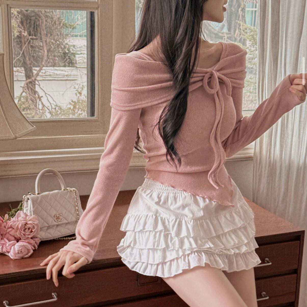 リボン×オフショル風アシンメトリーニット