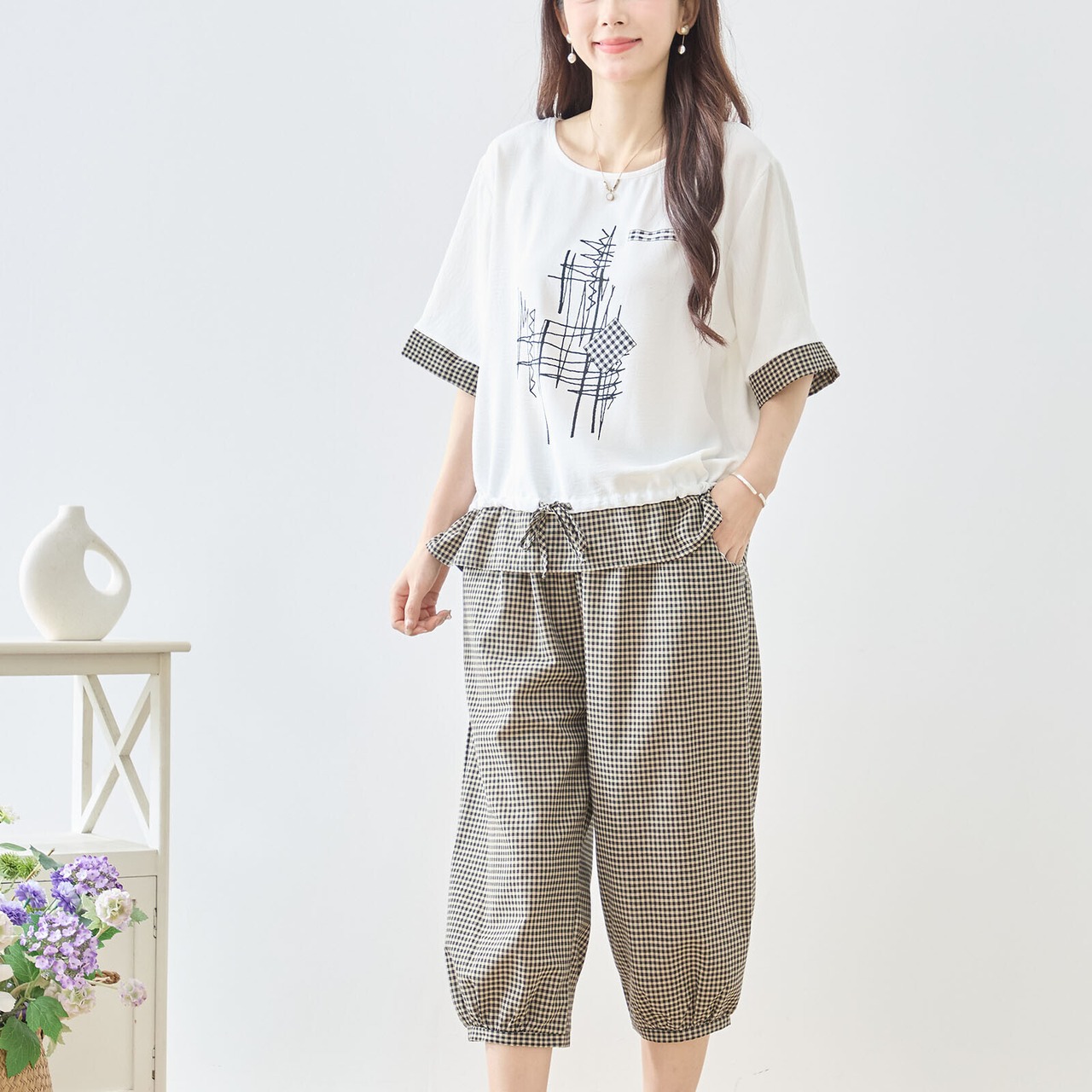 TRUBE [2点セット]ギンガムチェック×ラインプリント上下セットアップ【M~L】ホワイト