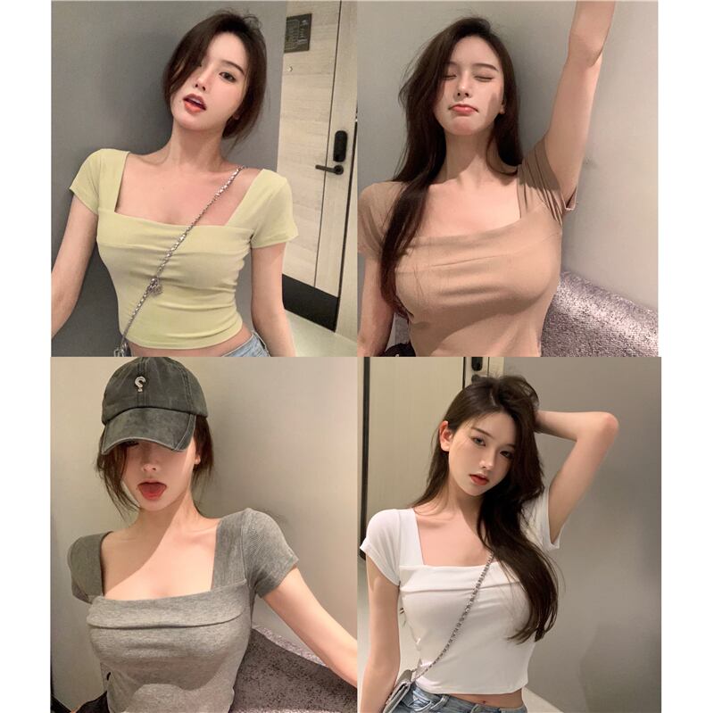 Tシャツ シャツ レディースサマーショートスリムトップス ピンク 夏物 ピュア スクウェア ブラックストロベリース67525356019