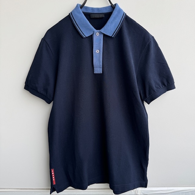 Prada プラダ ポロシャツ ダークネイビー ロゴ コットン 古着 M 画像2