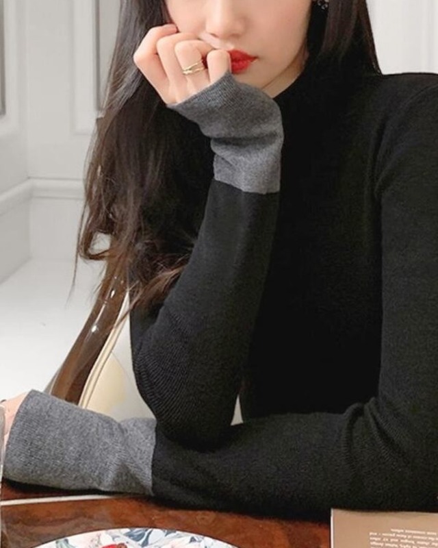 Contrast cuff high neck knit ◇2color　TH1786
