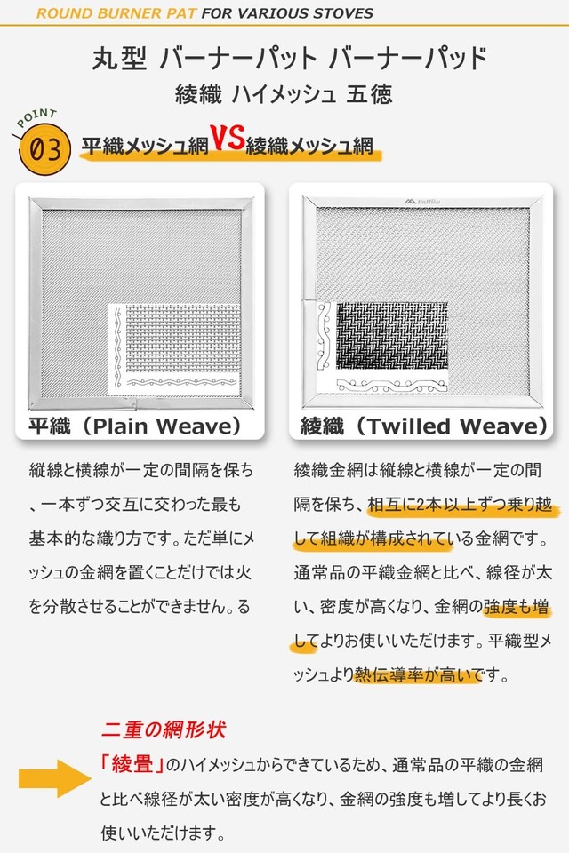 EnHike 綾織 ハイメッシュ 五徳 バーナーパット バーナーパッド シングルバーナー 調理ネット パット 丸形/方形