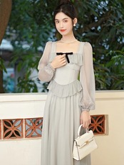 【0259】Square Neck Frill Chiffon Long Sleeve Dress