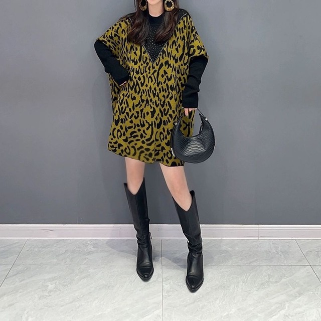 CONTRAST LEOPARD MINI PULLOVER KNIT DRESS 2colors M-8850