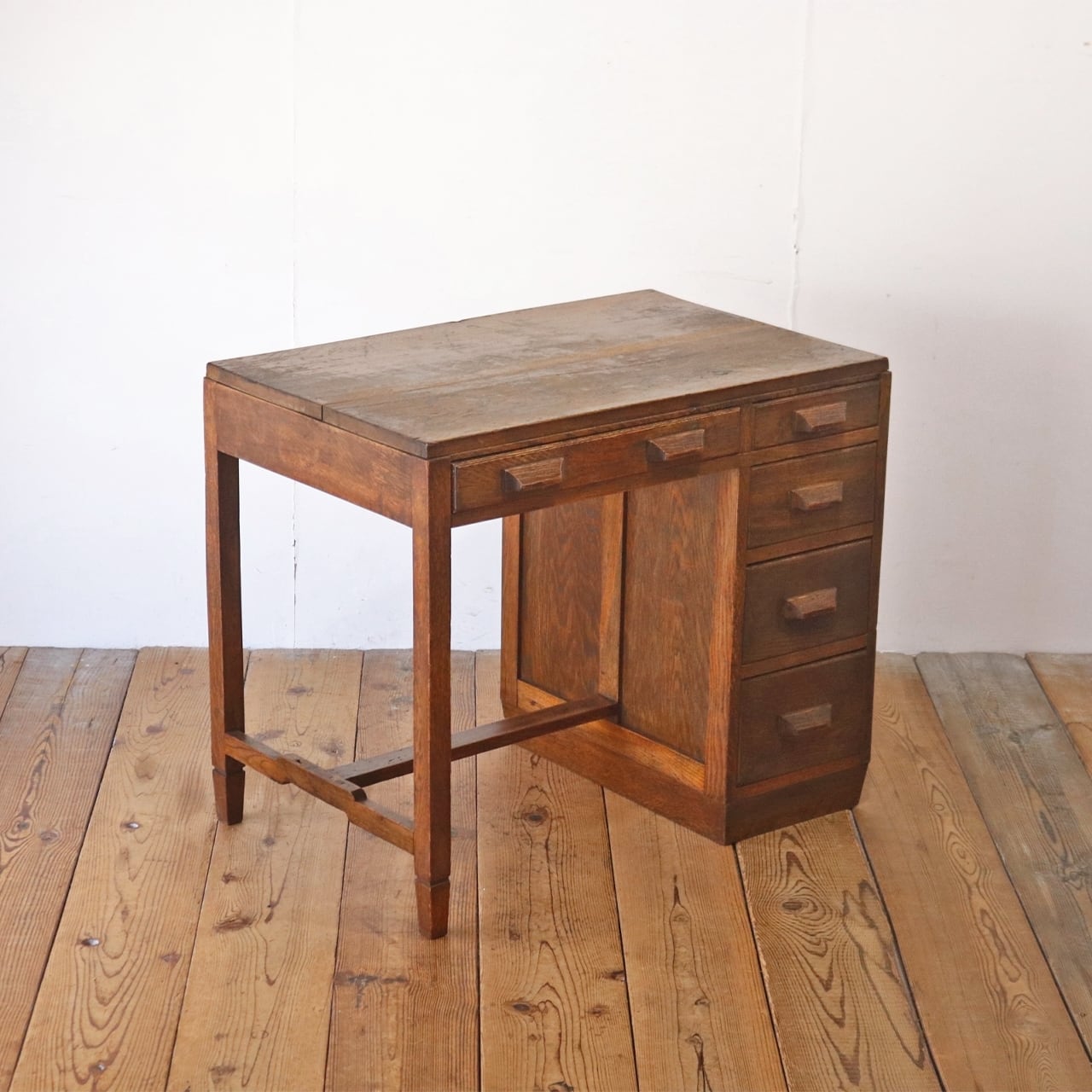 レトロ 片袖デスク 机 書斎 作業台 引き出し 抽斗 5杯 木製 古道具